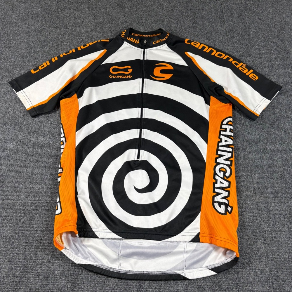 Cannondale Chaingang Cycling Jersey Mens XL Black White Orange Spiral Bike Shirt